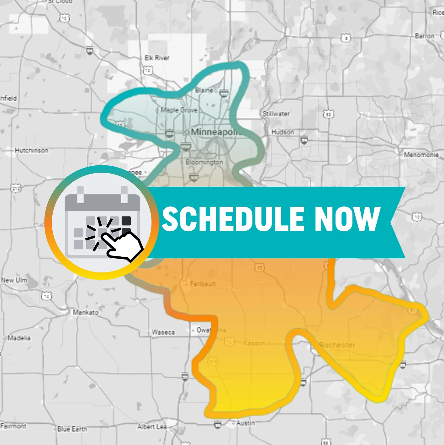 Service area map graphic with “Schedule Now” callout