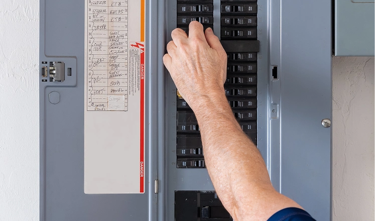 Hand switching breaker in electrical panel